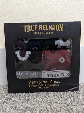 True Religion* Men's 6 Pack Crew Sock~ Sock Size 10-13 / Shoe Size 8-12.5